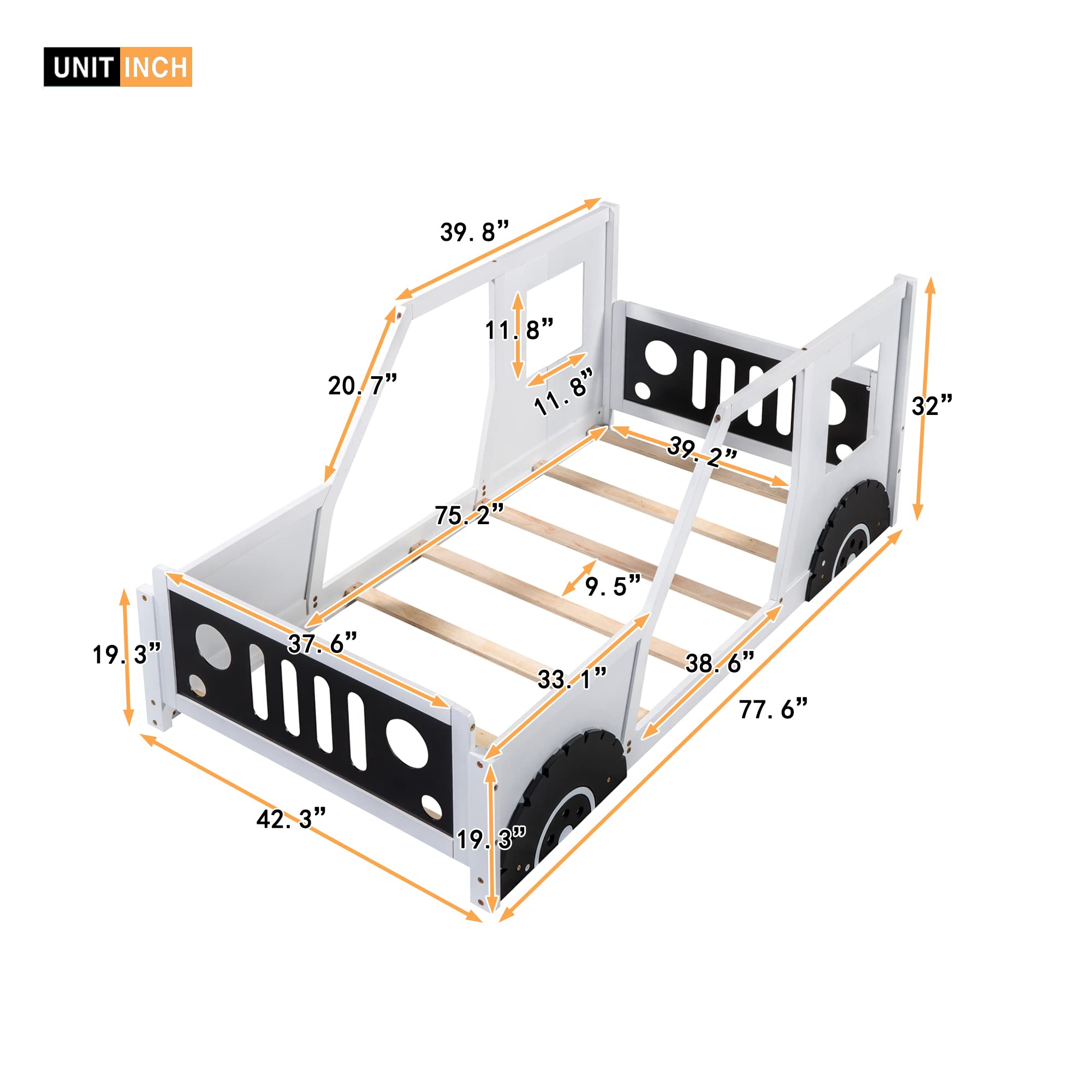 Car Bed Twin Size Montessori Floor Bed Frame with Fence and Door, Car-Shaped Platform Bed with Wheels,Solid Wood Twin Bed for Kids Boys Girls, No Box Spring Needed (Twin Size, White)