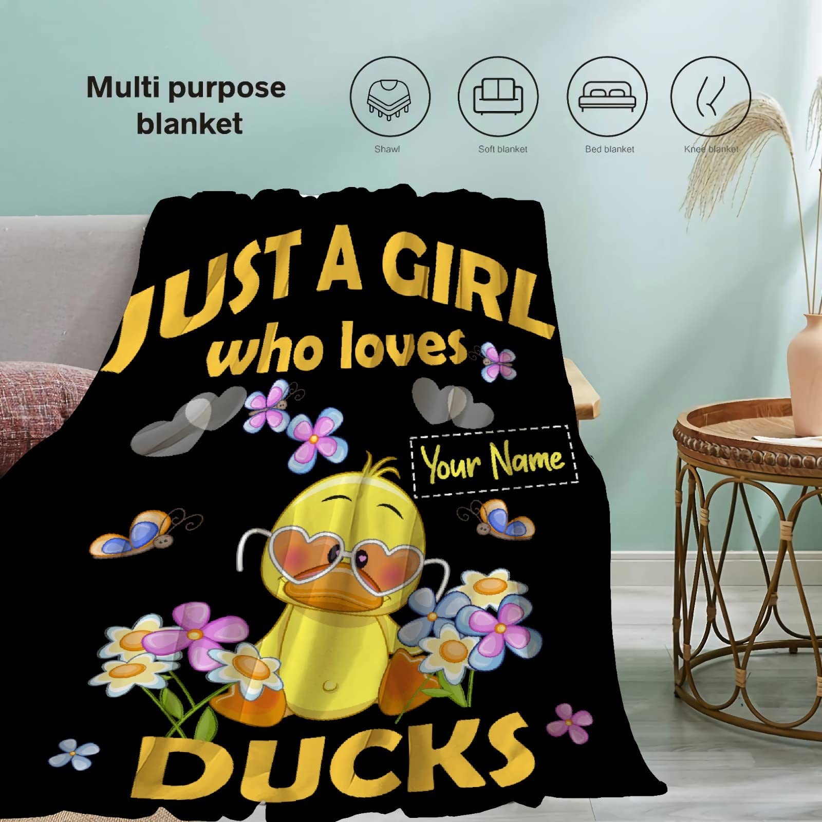 Just A Girl Who Loves Ducks Personalized Blanket Cute Duck Custom Name Throw Blankets Gifts for Girl Boys Flannel Fleece Cartoon Kawaii Animal Customized Blankets for Kids Lap Chair Bed 50x40In