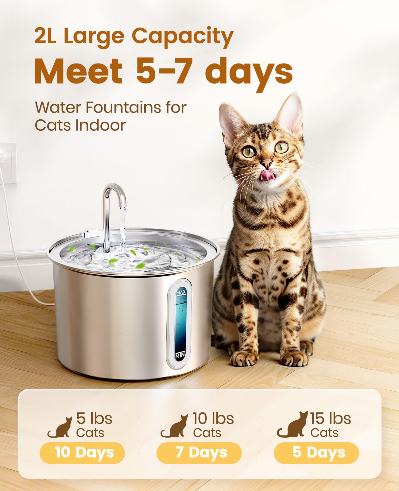 oneisall Stainless Steel Cat Water Fountain, 2L Water Fountains for Cats Indoor Dishwasher Safe with Quiet Pump and 3 Replacement Filters, Automatic Pet Water Fountain Faucet Spout Design