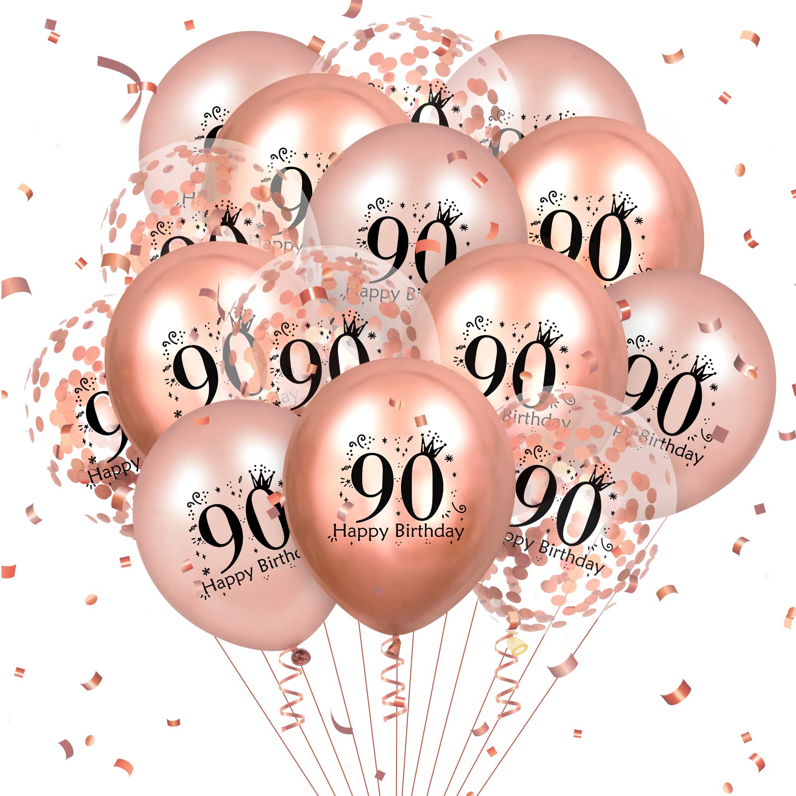 RUMIA 18pcs Rose Gold 90th Birthday Balloons, Latex Balloons with Confetti Design, Party Decorations for Women Men 90th Birthday Anniversary Decor Supplies