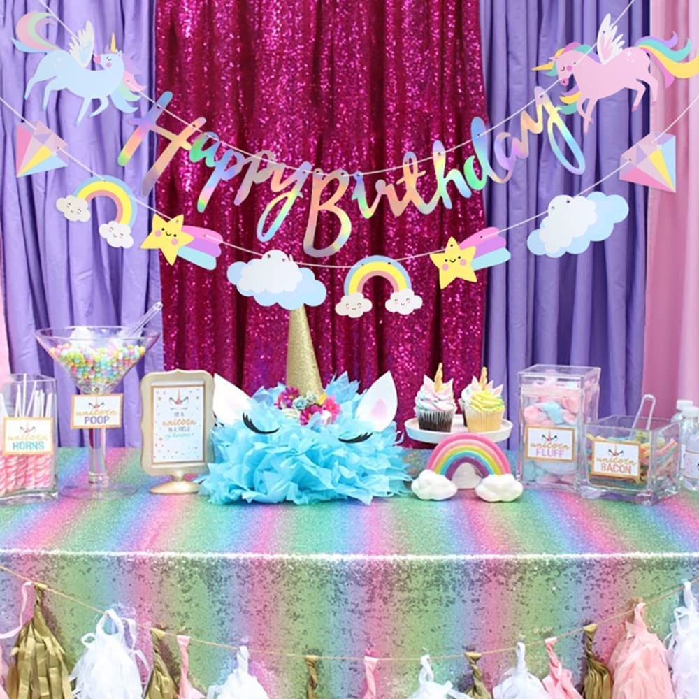 Unicorn Happy Birthday Banner with Sparkle Gold Glitter for Girls and Boys Cartoon Clouds Stars Rainbow Birthday Decorations Baby Shower Banner Unicorn Themed Party Supplies