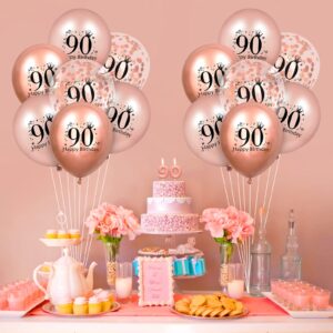 RUMIA 18pcs Rose Gold 90th Birthday Balloons, Latex Balloons with Confetti Design, Party Decorations for Women Men 90th Birthday Anniversary Decor Supplies