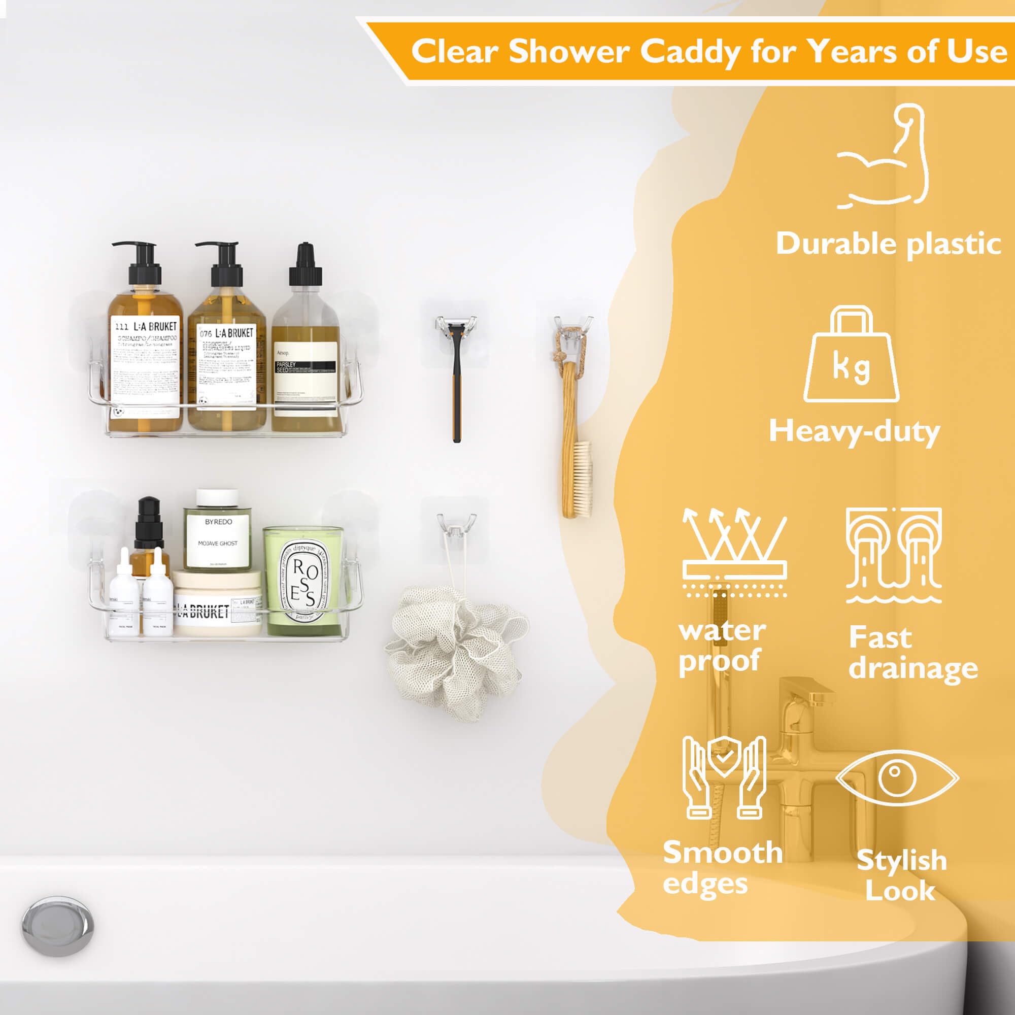 UDD Clear Shower Caddy with Razor Holder Hook, Wall Floating Shelves Shower Organizer Storage Adhesive Shower Rack for Bathroom (2 Pack, Small)