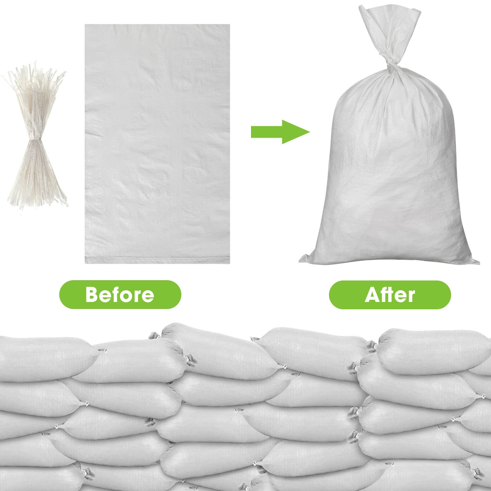 200 Pcs Empty Sandbags Heavy Duty Sand Bags with Ties Woven Polypropylene Sand Bags Bulk Sand Bag for Flooding 16 x 26 Inches Sandbag Flood Protection for Emergency Hurricane Season Supplies (White)