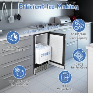 COSTWAY Commercial Ice Maker, 80LBS/24H Freestanding and Under Counter 115V Industrial Ice Machine with Self-Cleaning Function, 24H Timer, LCD Display, Drain Pump, Reversible Door, 25 LBS Ice Bin