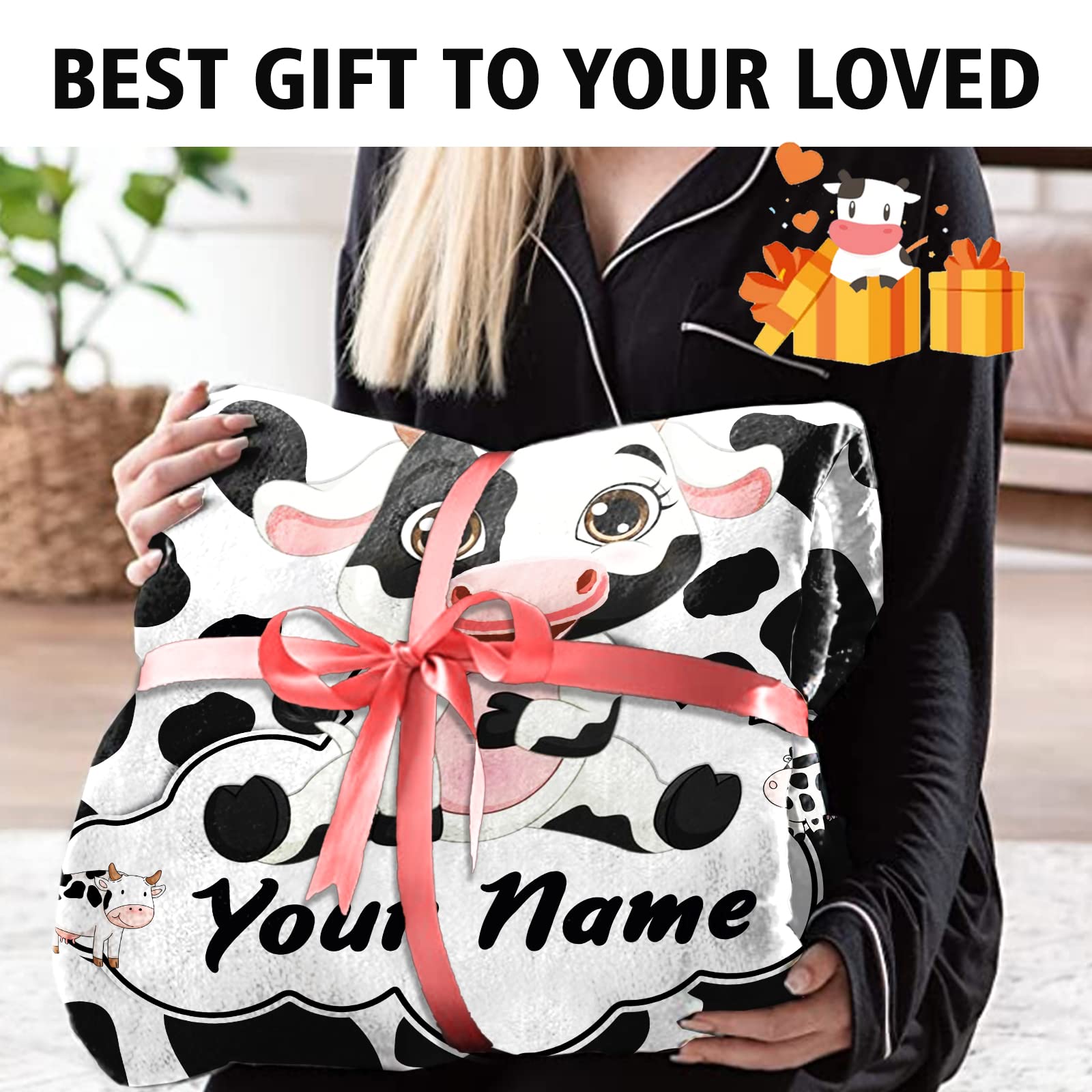 KSUPER Personalized Cow Print Blanket with Name Custom Black White Cute Cow Print Throw Blankets for Baby Girls Boys Kids Daughter Sofa Christmas Birthday Gifts