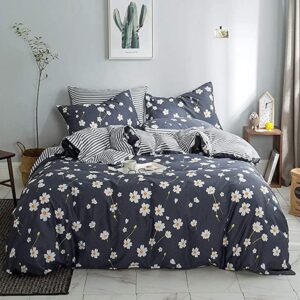 BuLuTu Navy Queen Comforter Cover with Daisy Queen Duvet Cover Set Floral Pattern for Girls 100% Cotton Comforter Cover for Teens,Girls,Ultra Soft Breathable Lightweight