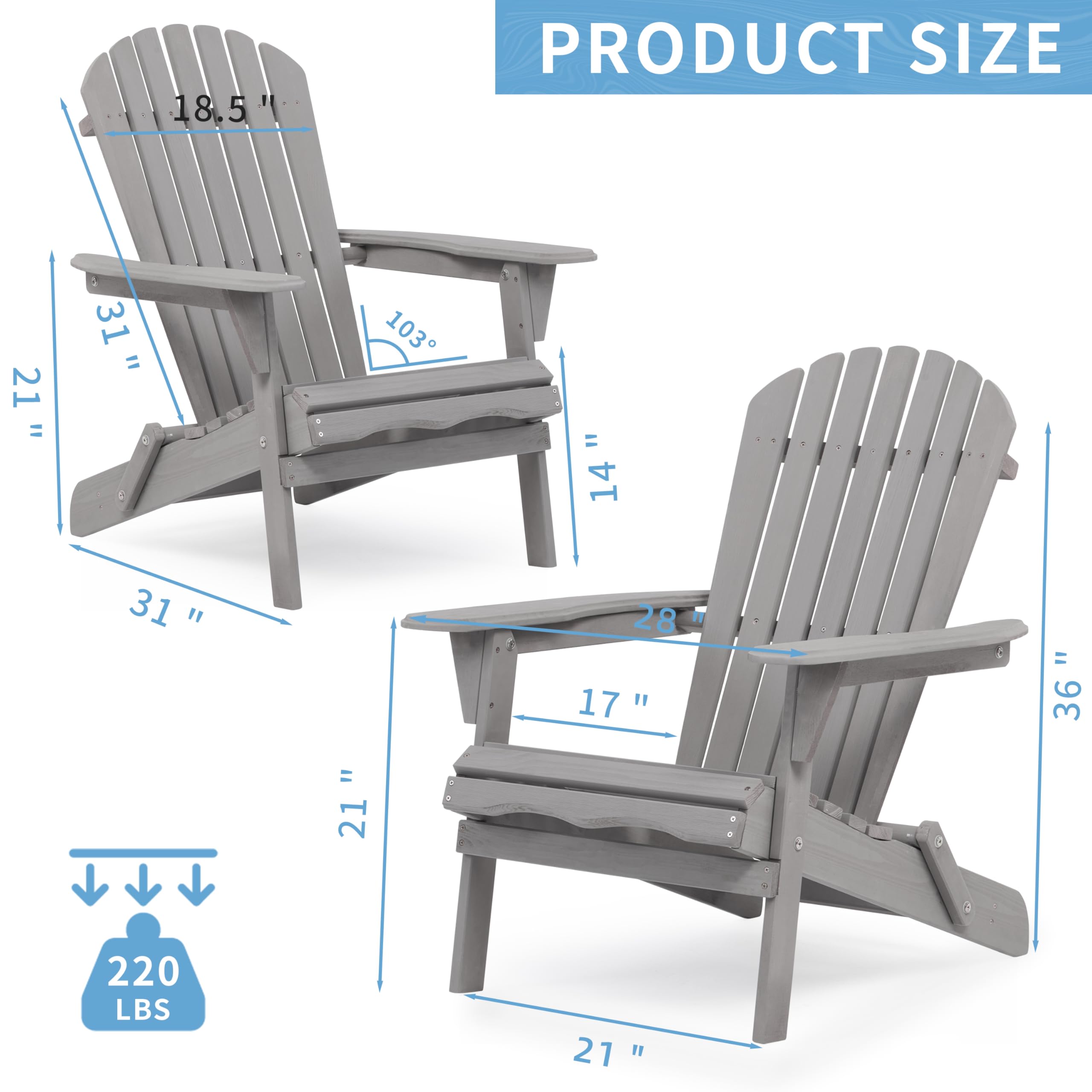 Mederra Wooden Folding Adirondack Chair Set of 2, Half Pre-Assembled Lounge Chair for Outdoor Patio Garden Backyard Deck Pool Beach, Grey