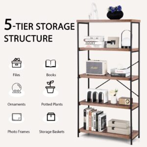 Giantex Industrial 5-Tier Wood Bookshelf - 63’’ Tall Open Storage Organizer Shelves with Anti-Tipping Device and Foot Pads, Steel Frame Bookcase Display Rack for Living Room, Bedroom, Office, Brown