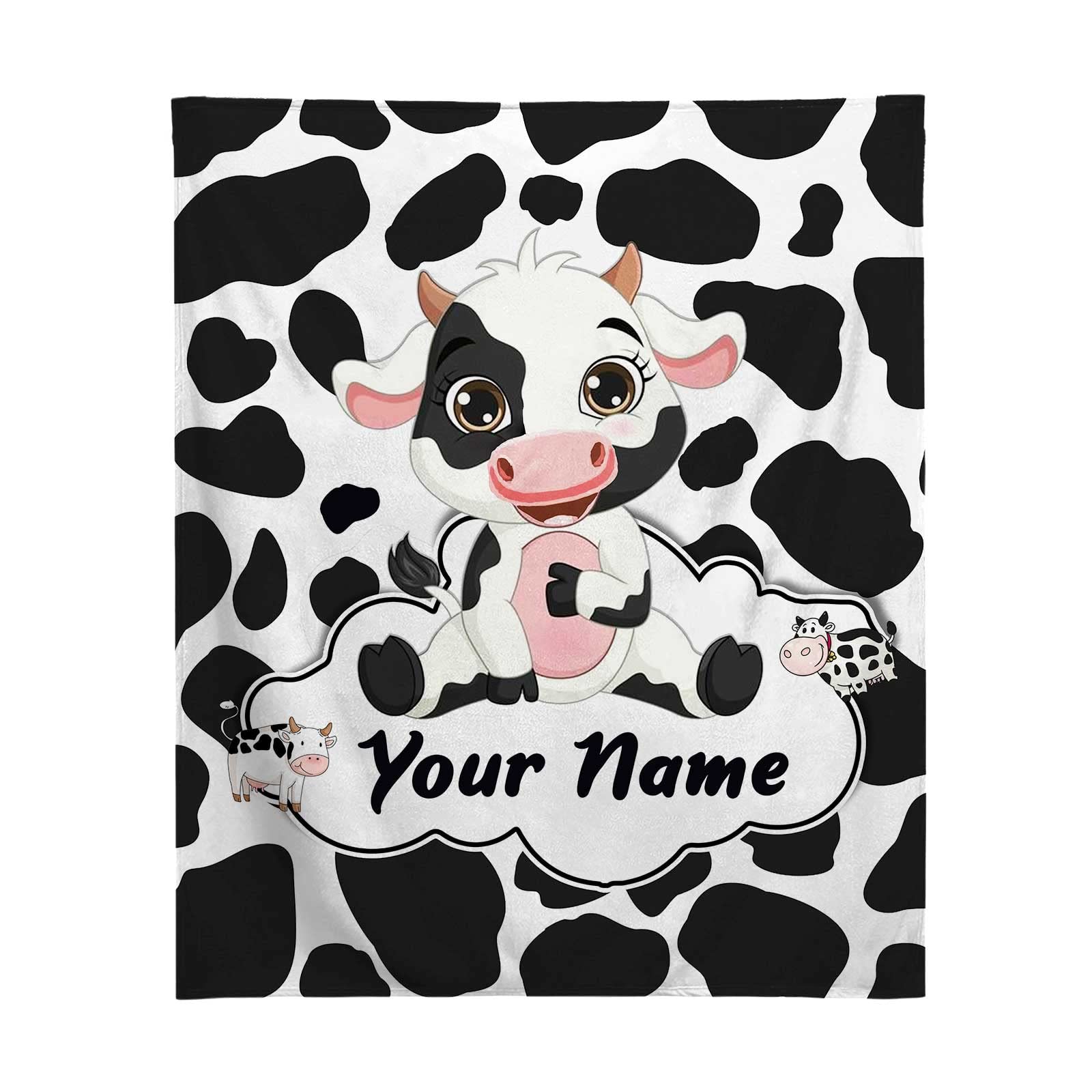 KSUPER Personalized Cow Print Blanket with Name Custom Black White Cute Cow Print Throw Blankets for Baby Girls Boys Kids Daughter Sofa Christmas Birthday Gifts