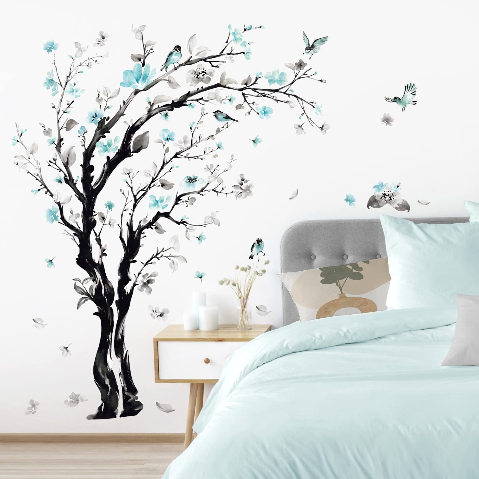 decalmile Large Watercolor Tree Wall Decals Blue Flower Branch Wall Stickers Living Room Bedroom Kitchen Wall Decor(H:63/48 Inches)