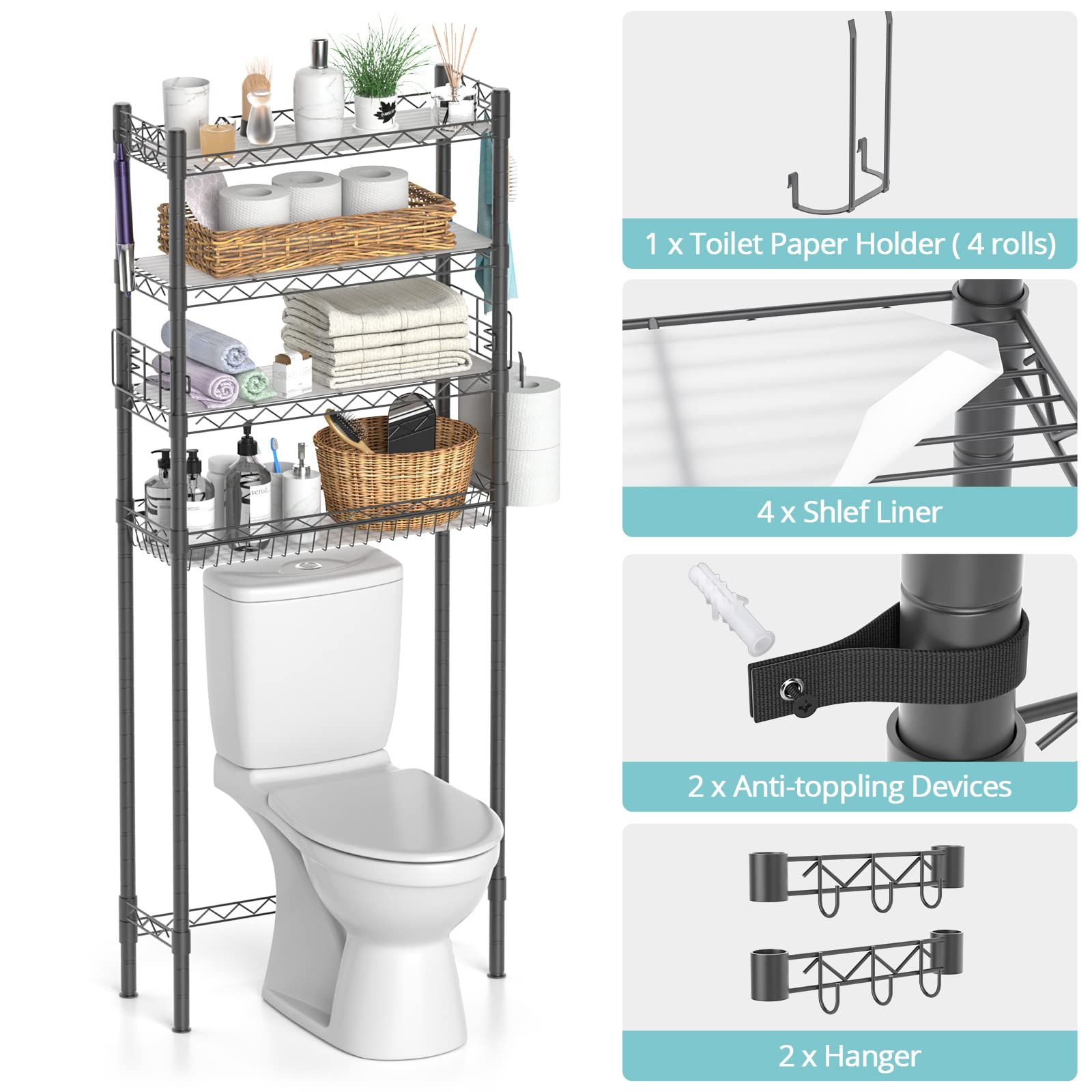 Hodonas Bathroom Organizer Over Toilet Storage, 4-Tier Toilet Shelf Bathroom Shelves Over Toilet, Above Toilet Storage Rack Bathroom Space Saver, Gray