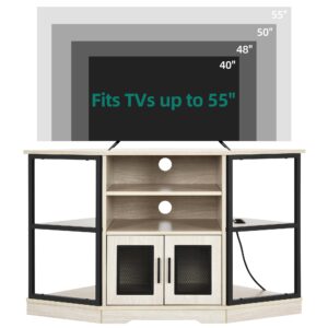 YITAHOME Corner TV Stand for TVs up to 55/50 Inch with Power Outlet, Modern Farmhouse Entertainment Center, Wood TV Media Console with Storage Cabinets Shelves for Living Room, White Oak