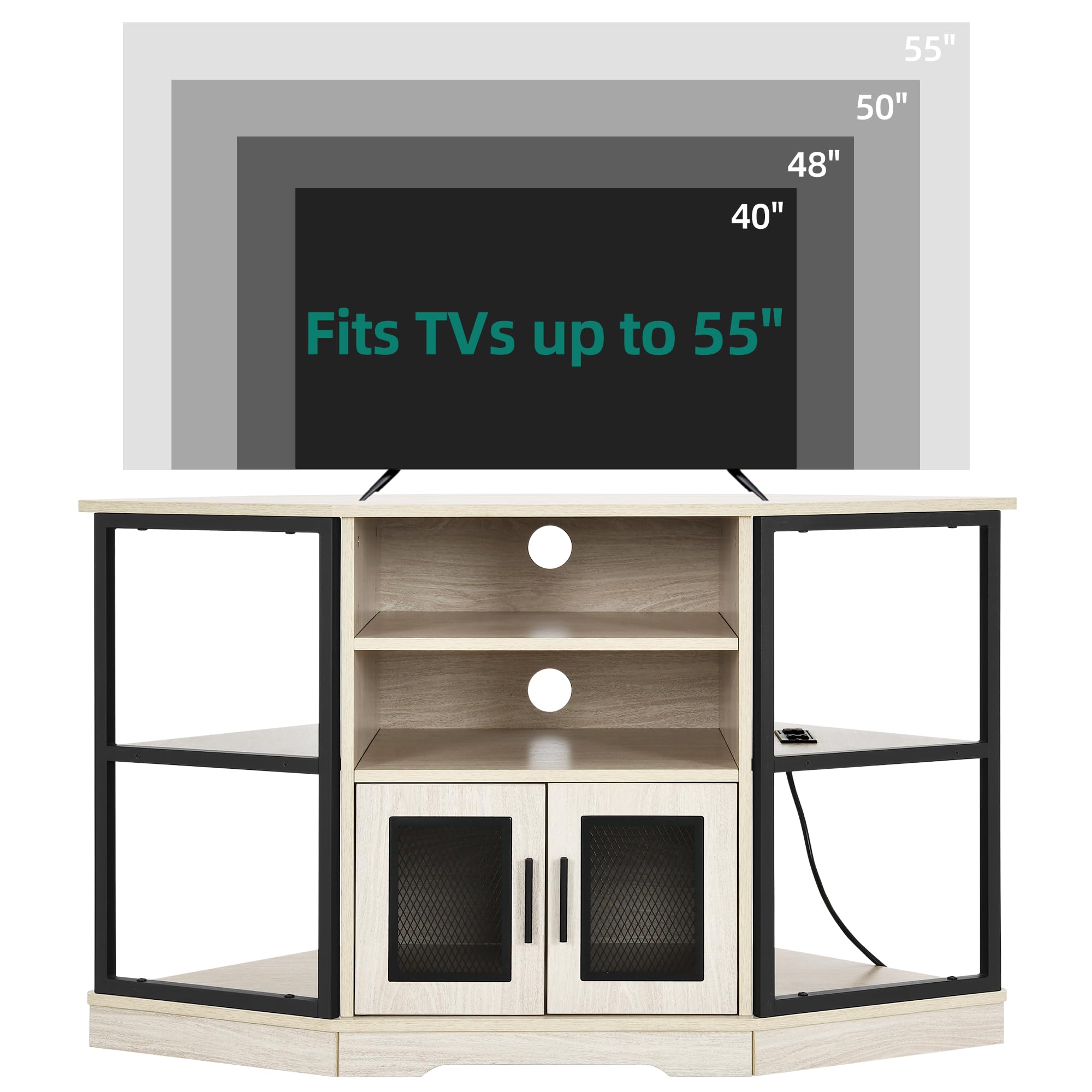 YITAHOME Corner TV Stand for TVs up to 55/50 Inch with Power Outlet, Modern Farmhouse Entertainment Center, Wood TV Media Console with Storage Cabinets Shelves for Living Room, White Oak