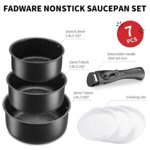 Fadware Induction Sauce Pan Set 1.5QT & 2QT & 3QT, Pot Set with 3 Frige Covers, Cooking Pot Set with Removable Handle, Nonstick Saucepans for Cooking, 7-Piece