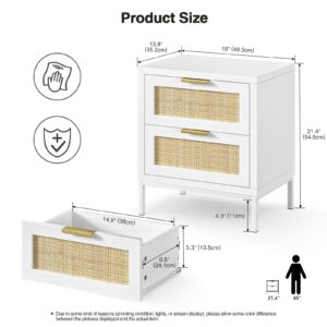 Giluta Farmhouse White nightstands with 2 Drawers, Natural Rattan Night Stand, White End Table with Metal Legs, Bedside Table for Bedroom