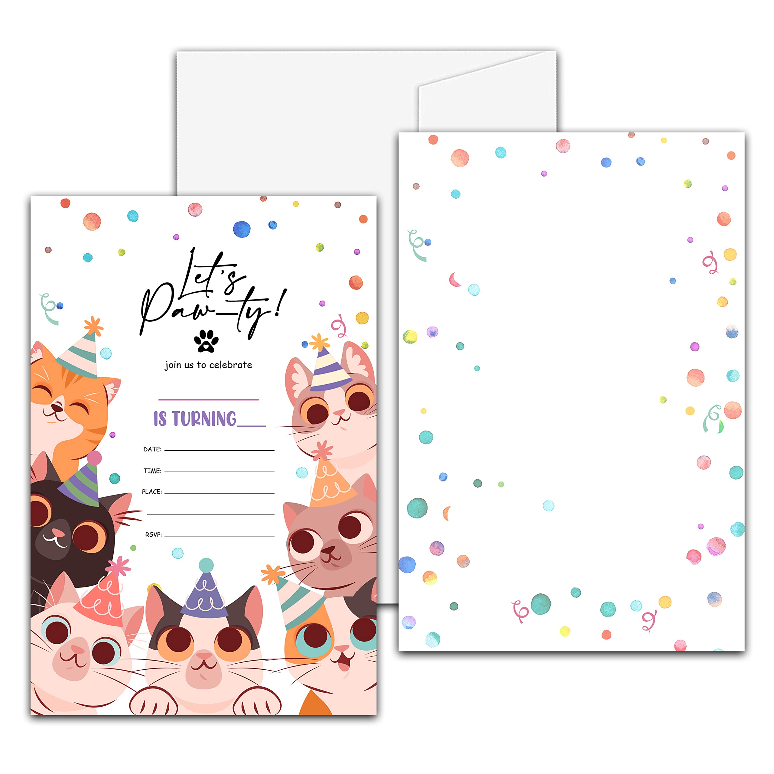 Cute Kitten Birthday Party Invitation, Let's Paw-Ty Kitty Cats Fill-In Invites For Adults Women & Men, 20 Invitations With Envelopes(4" X 6")，Party Favors Decorations And Supplies-01