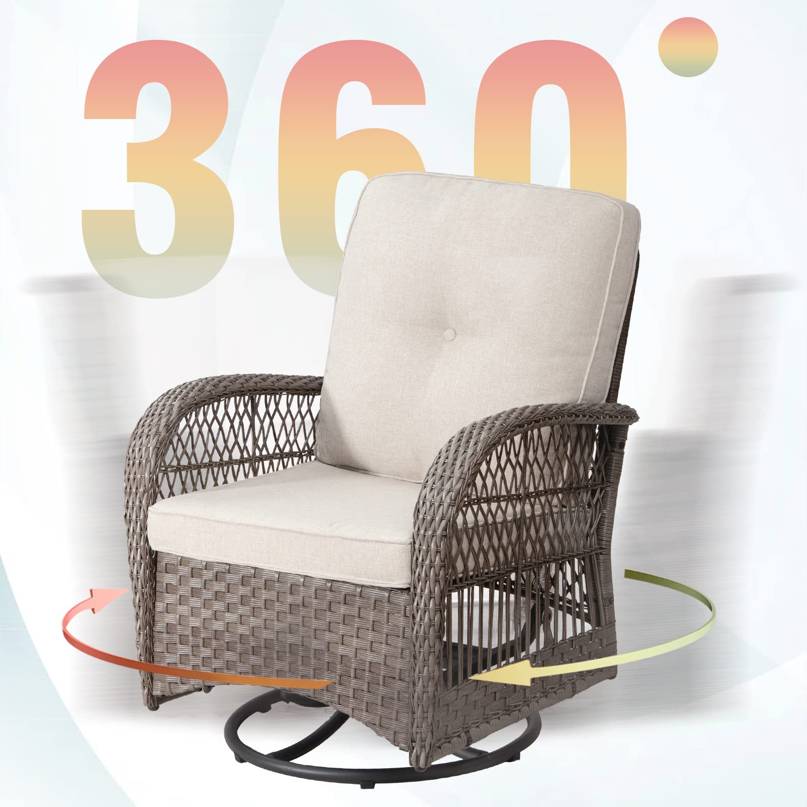 MeetLeisure Bistro Set 3 Piece Outdoor Patio Furniture, Wicker Swivel Rocking Chair Set with Matching Coffee Table & Premium Fabric Cushion(Mixed Grey/Beige)