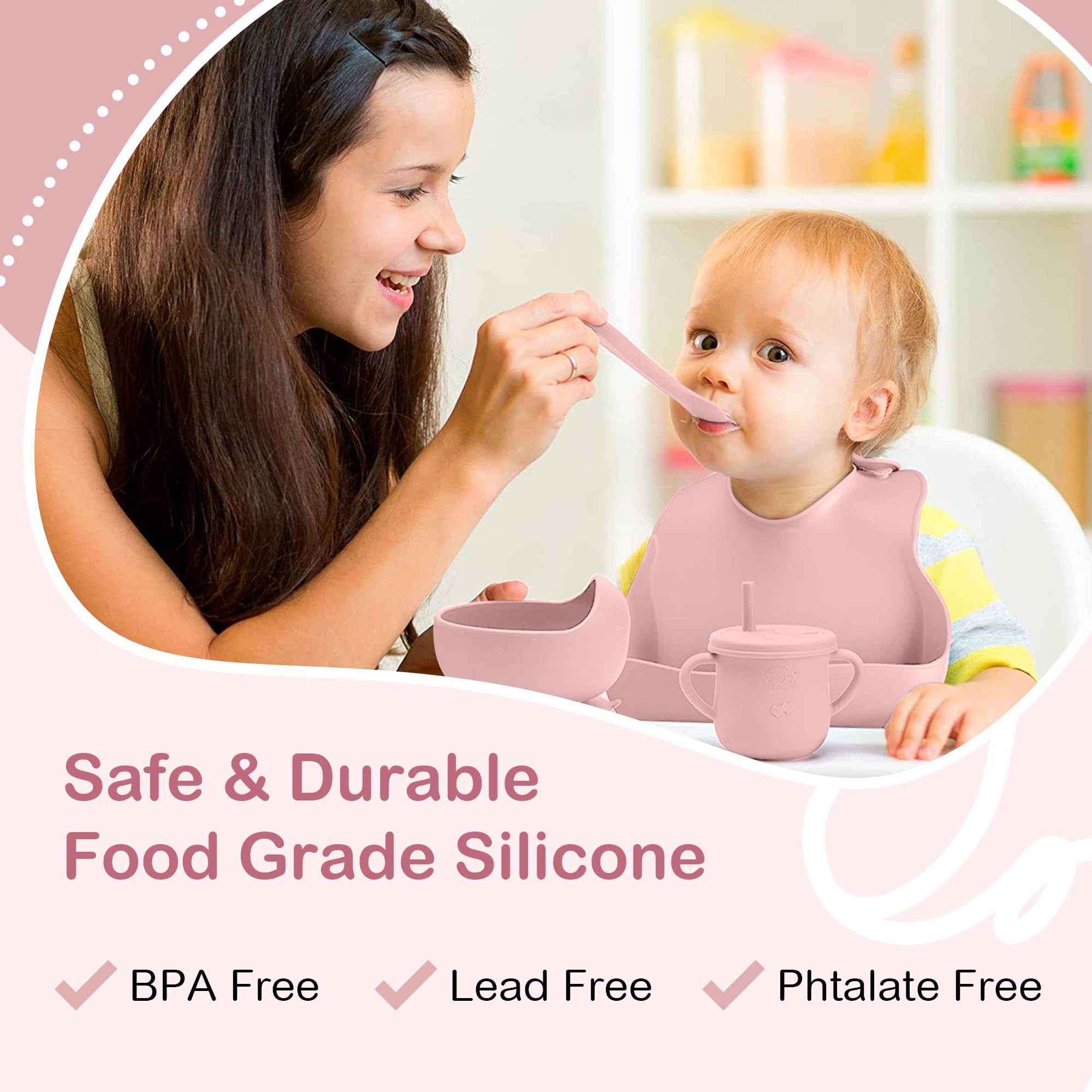 Complete Silicone Baby Feeding Set - 6+ Months Food Grade Baby Feeding Essentials | Silicone Bibs, Baby Bowls and Plates, 3 in 1 Baby Sippy Cup, Spoons and Fork Set | Free of BPA/PVC/Lead/Phthalate