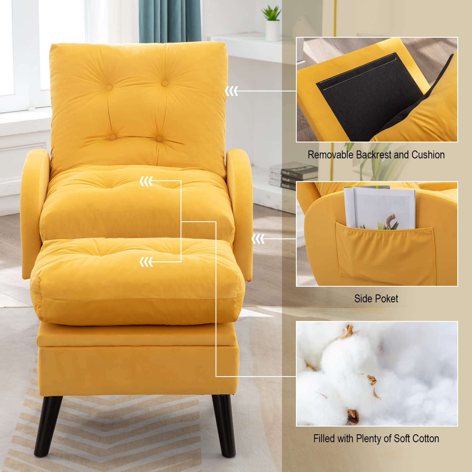 TTGIEET Accent Chair with Storage Ottoman, Living Room Chair Comfy with Adjustable Backrest & Side Pocket, Modern Velvet Armchair for Living Room, Bedroom, Office (Yellow)