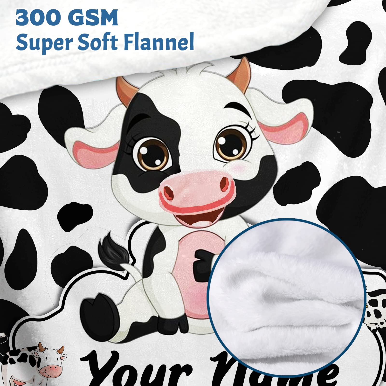 KSUPER Personalized Cow Print Blanket with Name Custom Black White Cute Cow Print Throw Blankets for Baby Girls Boys Kids Daughter Sofa Christmas Birthday Gifts