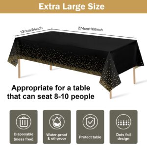 12 Pack Black and Gold Dot Plastic Tablecloth, Gold Stamping Dot Confetti Rectangle Plastic Disposable Tablecloth for Birthday Retirement Graduation Engagement Anniversary Party Decoration, 54x108Inch