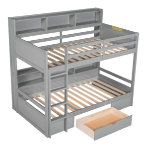 Polibi Twin Over Twin Bunk Bed with Built-in Shelves Beside Both Upper and Down Bed and Storage Drawer, Twin Size Wooden Bunk Bed with Guardrails and Ladder