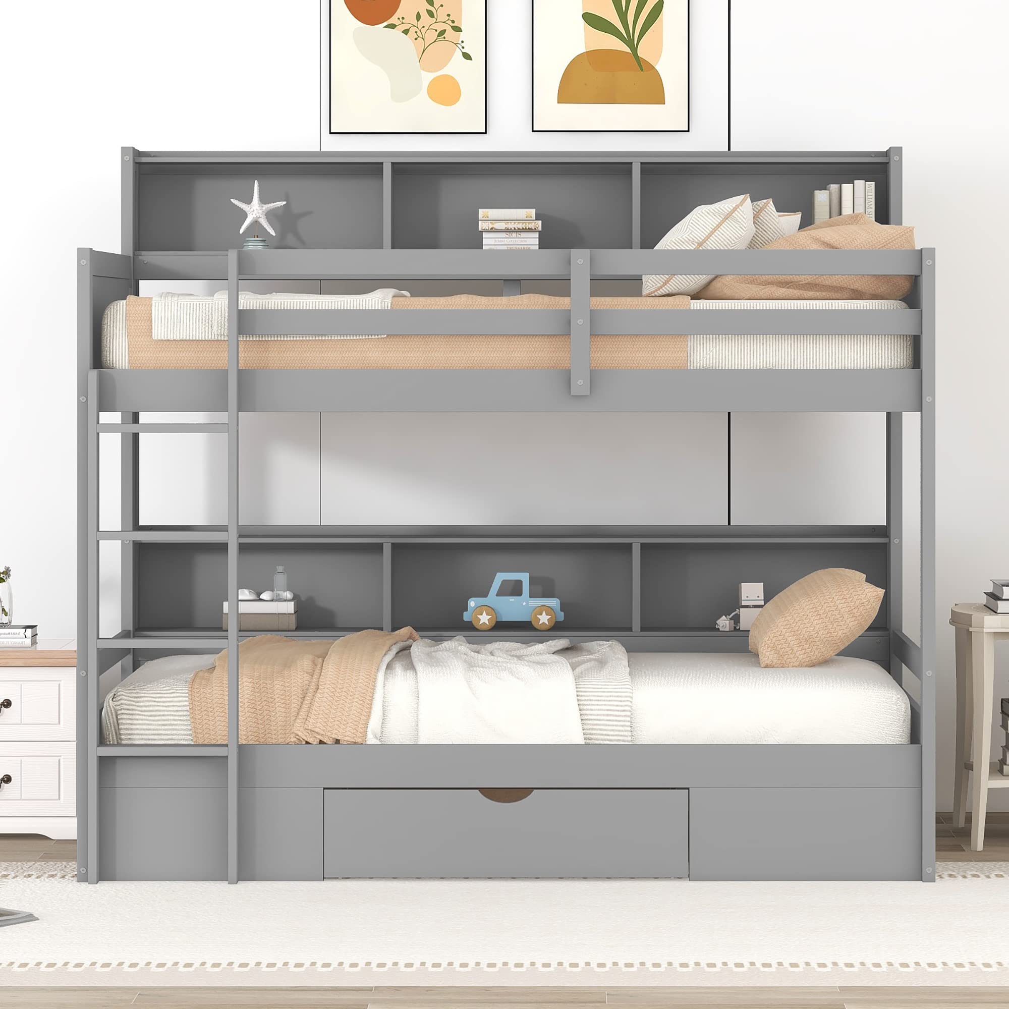 Polibi Twin Over Twin Bunk Bed with Built-in Shelves Beside Both Upper and Down Bed and Storage Drawer, Twin Size Wooden Bunk Bed with Guardrails and Ladder