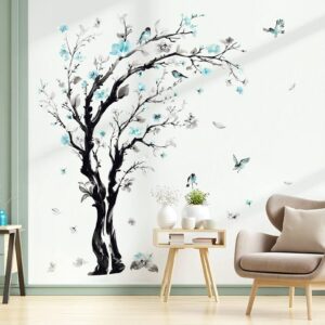 decalmile large watercolor tree wall decals blue flower branch wall stickers living room bedroom kitchen wall decor(h:63/48 inches)