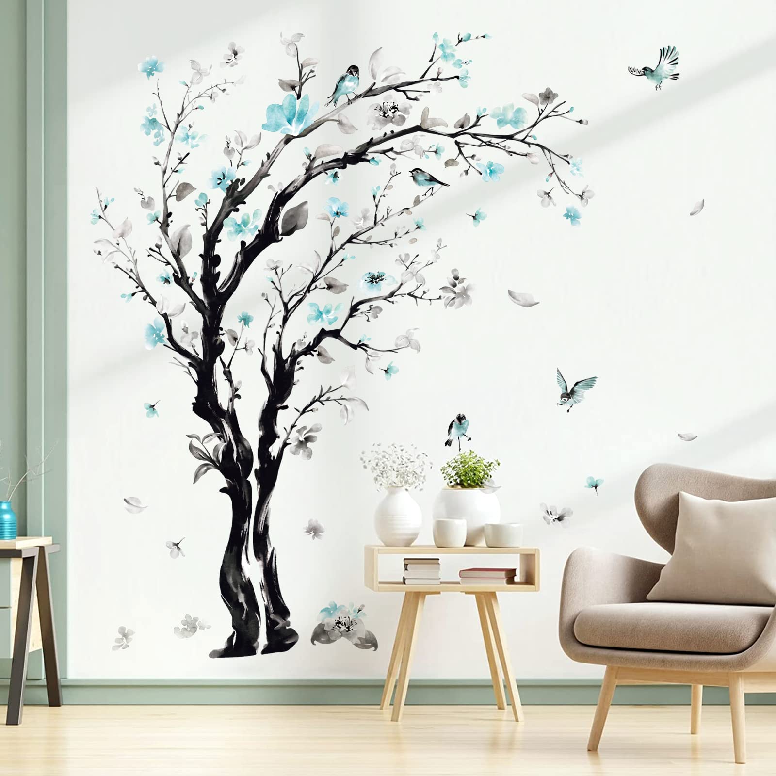 decalmile Large Watercolor Tree Wall Decals Blue Flower Branch Wall Stickers Living Room Bedroom Kitchen Wall Decor(H:63/48 Inches)