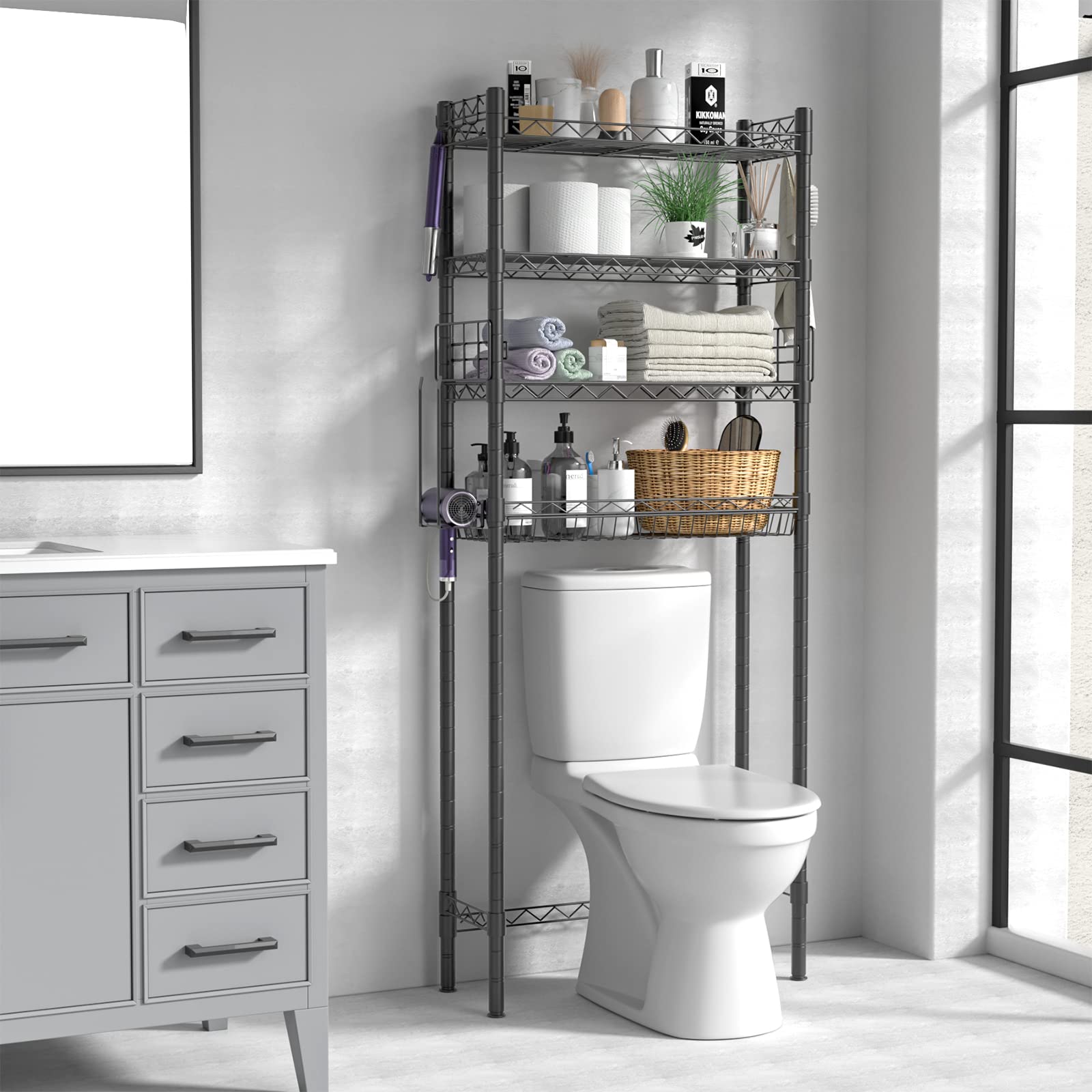 Hodonas Bathroom Organizer Over Toilet Storage, 4-Tier Toilet Shelf Bathroom Shelves Over Toilet, Above Toilet Storage Rack Bathroom Space Saver, Gray