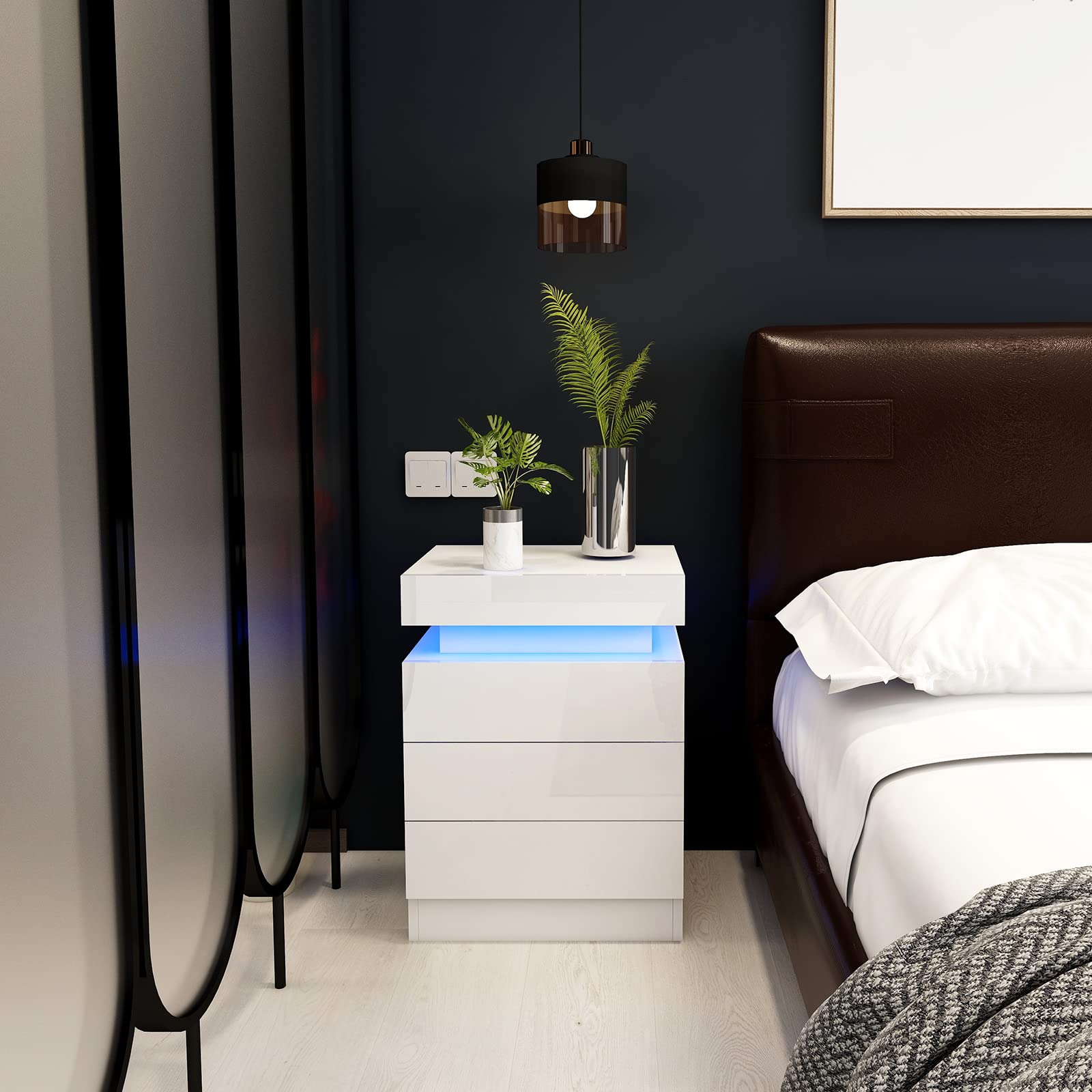 YILQQPER Nightstand with LED Lights, 3 Drawers and 1 Flapping Top Storage Box, White Night Stand for Bedroom, Modern Tall Bedside Table with High Gloss Panel, Glacier White