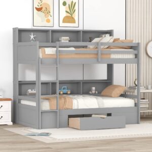 Polibi Twin Over Twin Bunk Bed with Built-in Shelves Beside Both Upper and Down Bed and Storage Drawer, Twin Size Wooden Bunk Bed with Guardrails and Ladder