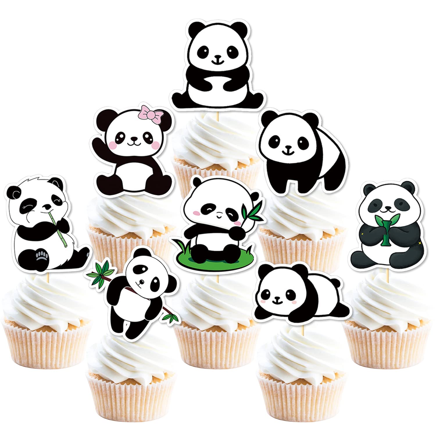 50 Pack Panda Cupcake Topper Panda Birthday Cake Decoration Cute Panda Themed Stickers (2 in 1) Baby Shower Kids Birthday Wedding Party Supplies