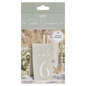 Ginger Ray Sage Card Wedding Table Numbers Pack of 12, Green