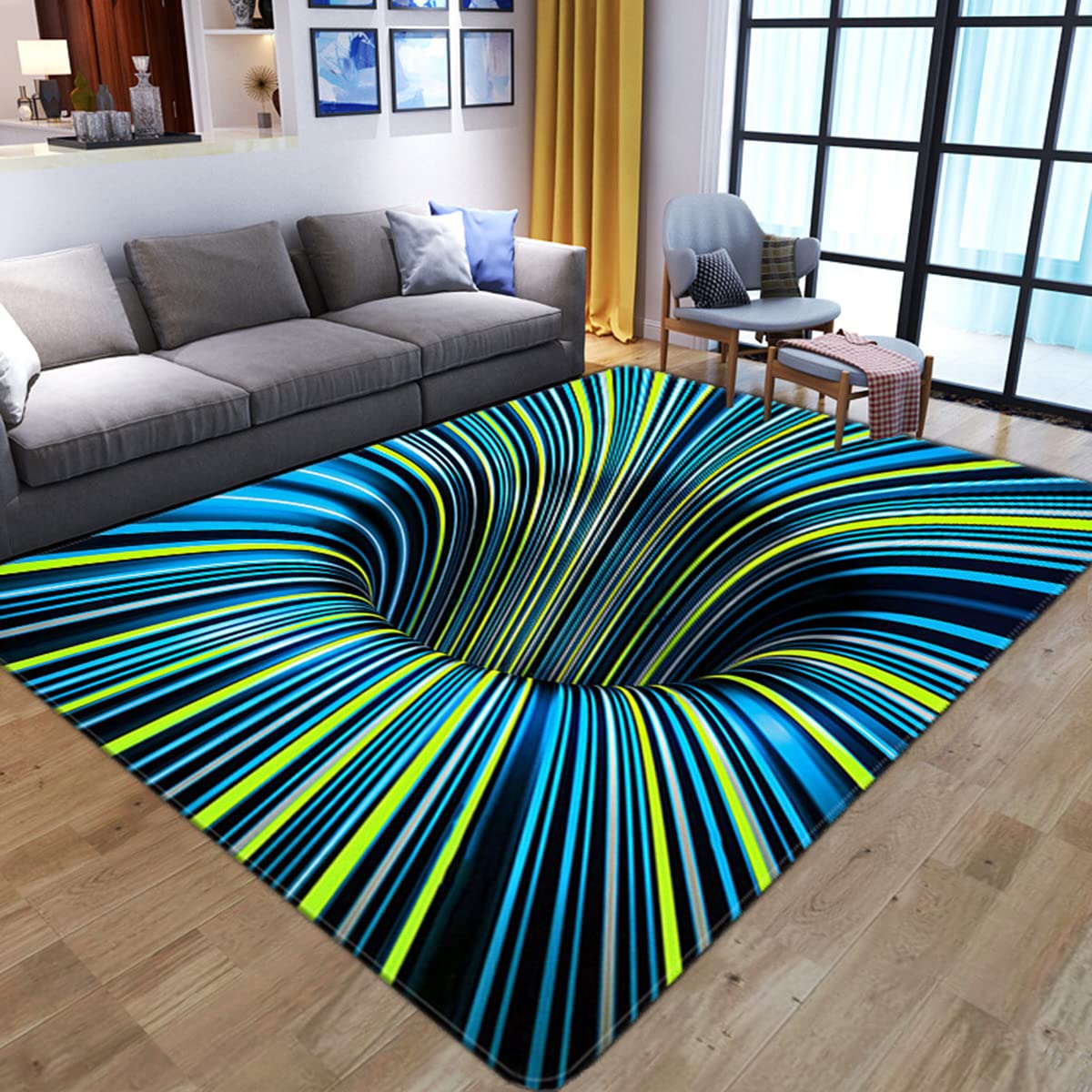 CERYUEE 3D Optical Illusion Rug Door Mat Carpet Geometric Vortex Trippy Area Rugs for Bathroom Kitchen Office Blue & Green 47x31 inch