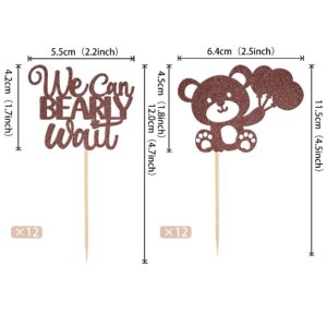 24 PCS We Can Bearly Wait Cupcake Toppers Glitter Balloon Bear Cupcake Picks Baby Shower Cake Decorations for Gender Reveal Theme Baby Shower Kids Birthday Party Supplies Brown