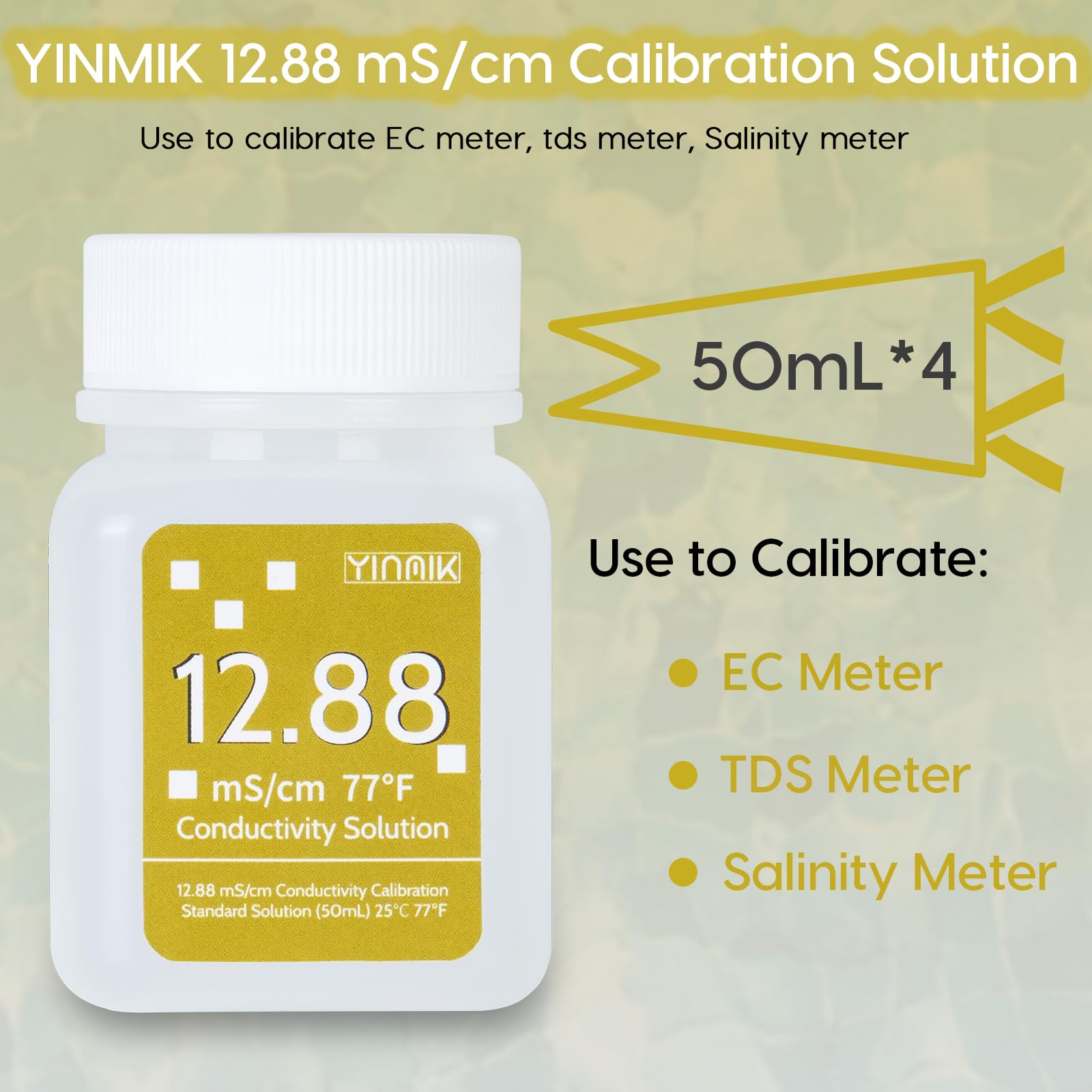 YINMIK 12.88 mS/cm Calibration Solution, Conductivity Salinity Calibration Fluid for Salinity Tester, EC Meter, TDS Meter, 7 in 1 Tester Standard Calibration, 4 Bottles of 50mL