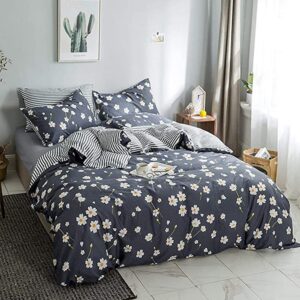 BuLuTu Navy Queen Comforter Cover with Daisy Queen Duvet Cover Set Floral Pattern for Girls 100% Cotton Comforter Cover for Teens,Girls,Ultra Soft Breathable Lightweight