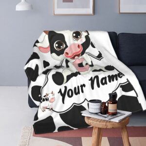 KSUPER Personalized Cow Print Blanket with Name Custom Black White Cute Cow Print Throw Blankets for Baby Girls Boys Kids Daughter Sofa Christmas Birthday Gifts