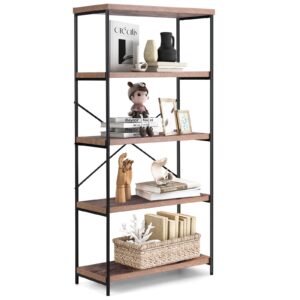 giantex industrial 5-tier wood bookshelf - 63’’ tall open storage organizer shelves with anti-tipping device and foot pads, steel frame bookcase display rack for living room, bedroom, office, brown