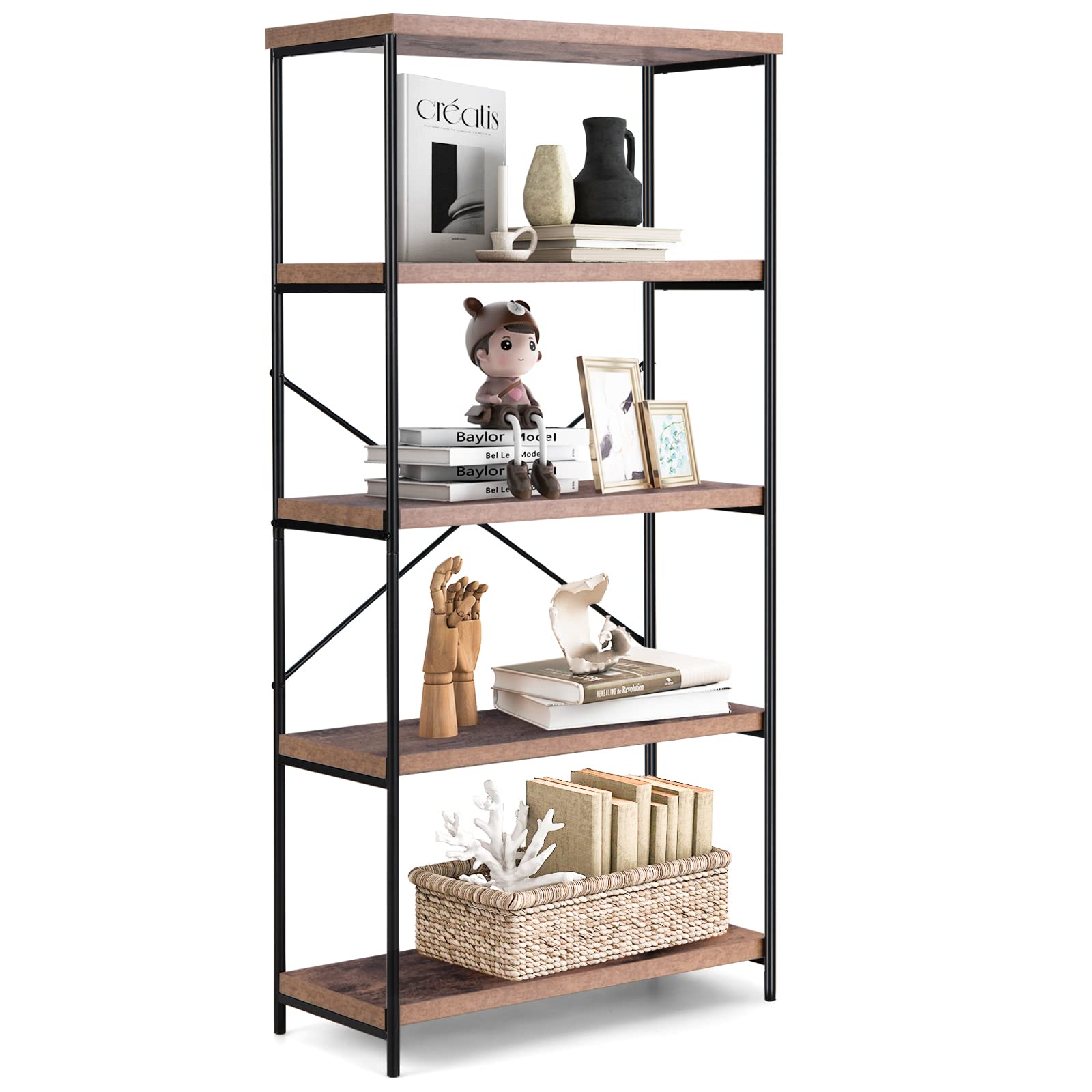 Giantex Industrial 5-Tier Wood Bookshelf - 63’’ Tall Open Storage Organizer Shelves with Anti-Tipping Device and Foot Pads, Steel Frame Bookcase Display Rack for Living Room, Bedroom, Office, Brown