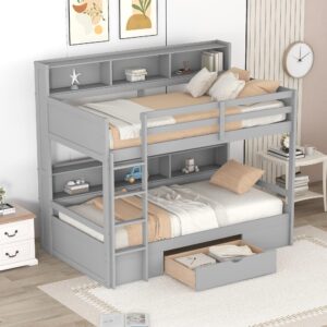 polibi twin over twin bunk bed with built-in shelves beside both upper and down bed and storage drawer, twin size wooden bunk bed with guardrails and ladder