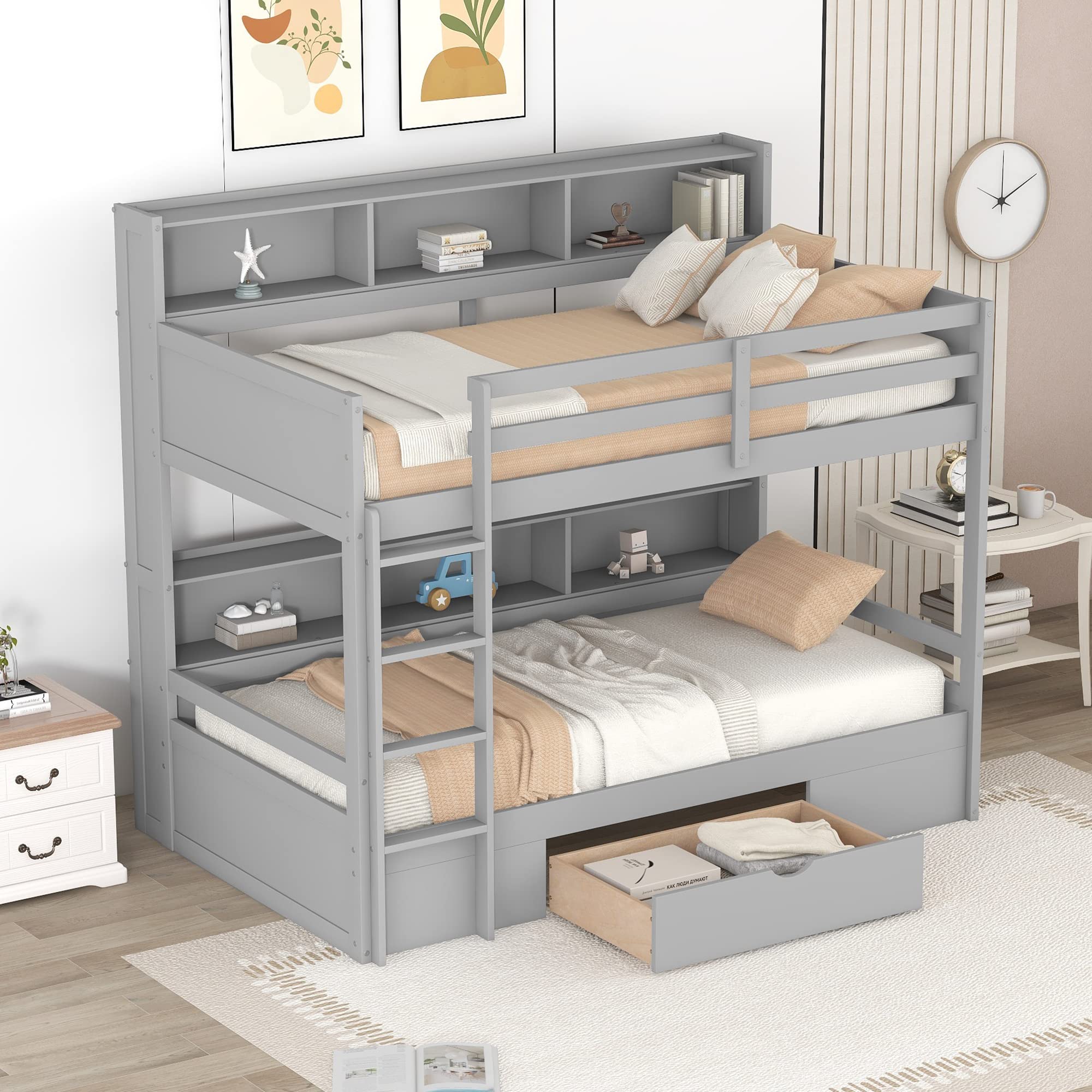 Polibi Twin Over Twin Bunk Bed with Built-in Shelves Beside Both Upper and Down Bed and Storage Drawer, Twin Size Wooden Bunk Bed with Guardrails and Ladder