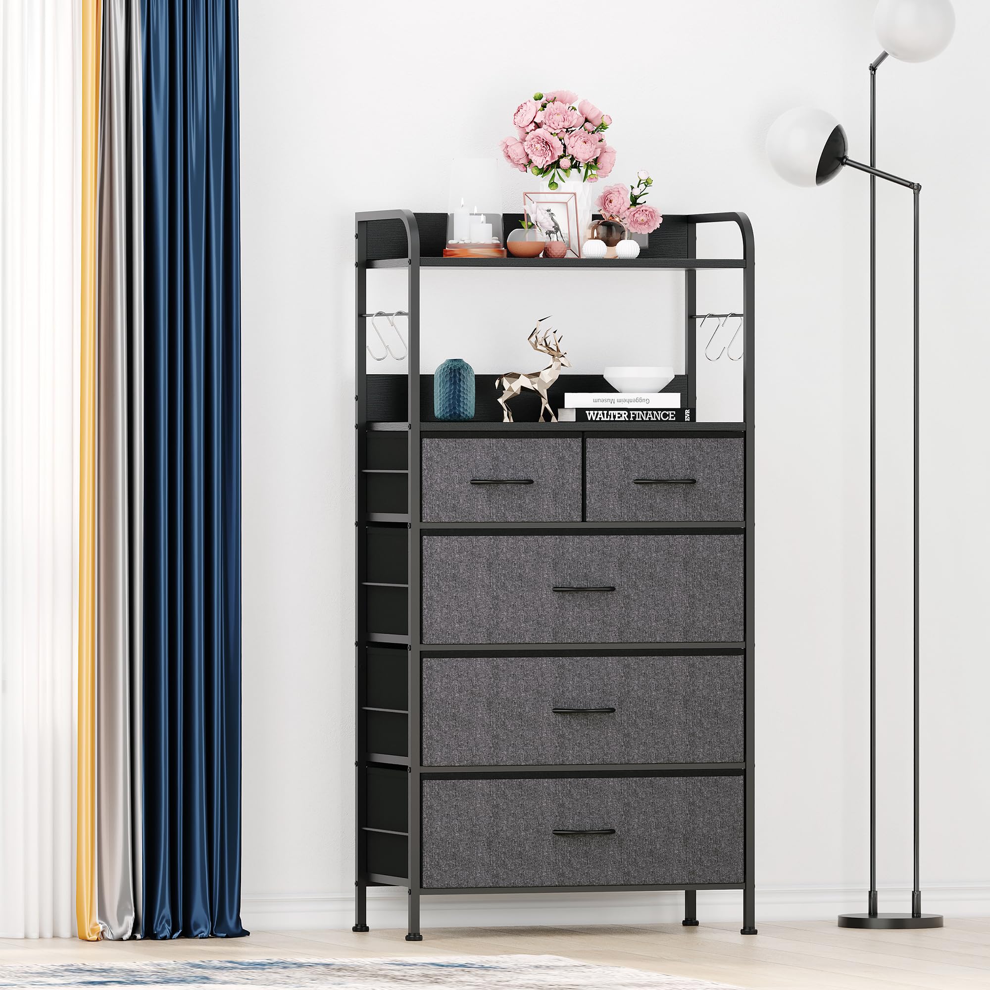 Jojoka Dresser for Bedroom with 5 Drawers, Dressers & Chests of Drawers for Hallway, Entryway, Storage Organizer Unit with Fabric, Sturdy Metal Frame, Wood Tabletop, Easy Pull Handle