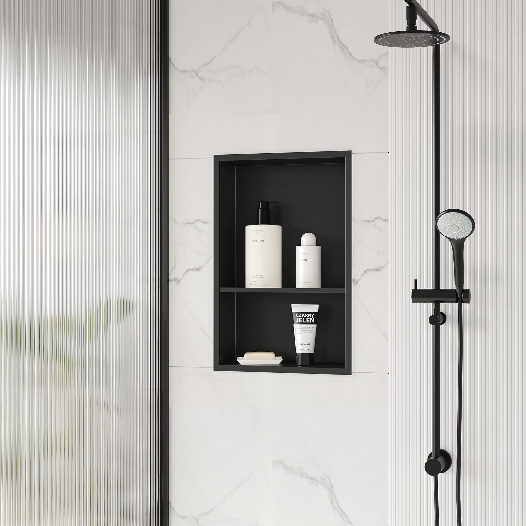 Qeke Stainless Steel Shower Niche 18" X 12", No Tile Needed Wall Niche Double Shelves, Recessed Niche Shower for Bathroom Storage, Matte Black