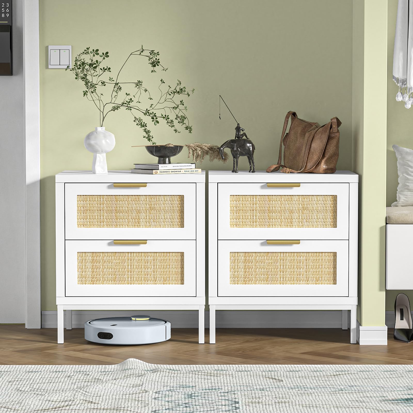 Giluta Farmhouse White nightstands with 2 Drawers, Natural Rattan Night Stand, White End Table with Metal Legs, Bedside Table for Bedroom