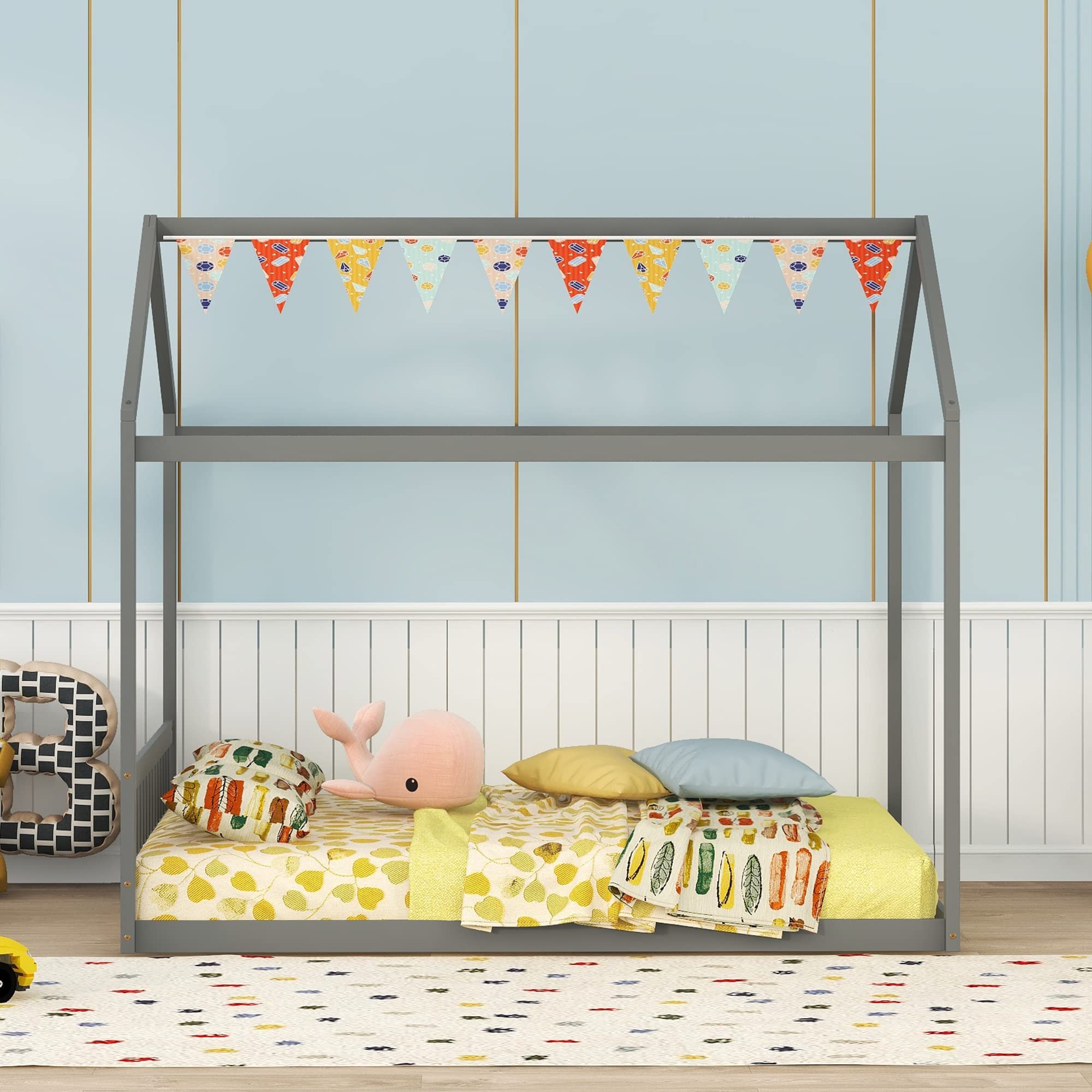 Harper & Bright Designs Queen Size House Bed Frame,Wooden Montessori Bed Queen Bed Frame with Headboard, Kids Floor Bed for Girls Boys Bedroom Furniture, No Box Spring Needed,Grey