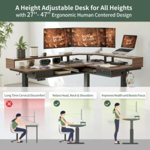 FEZIBO L Shaped Standing Desk with LED Strip & 2 Drawers, Triple Motors Supports Over 300lbs, Upper and Lower Storage Shelves Available, Electric Height Adjustable, for Home Office, Black Walnut