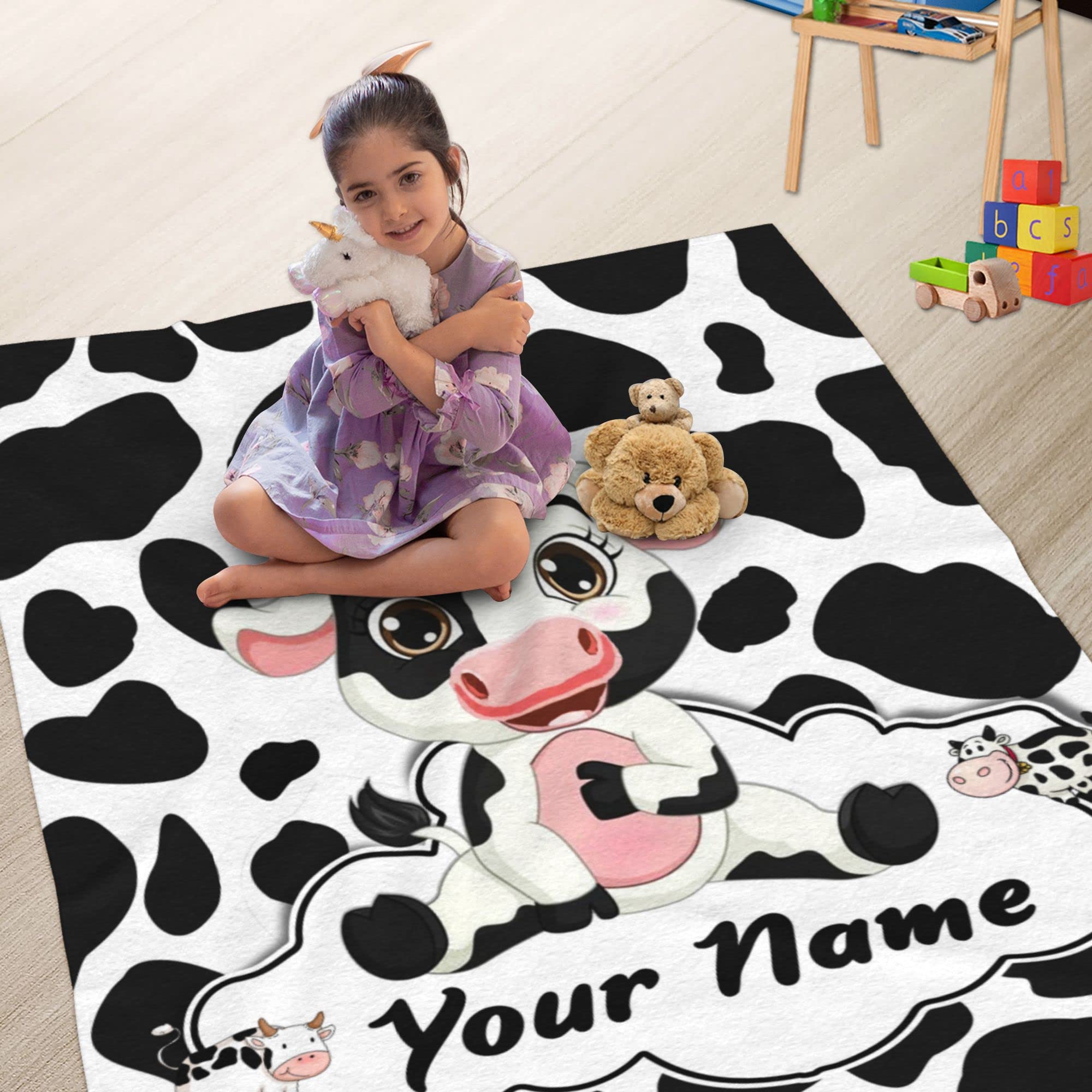 KSUPER Personalized Cow Print Blanket with Name Custom Black White Cute Cow Print Throw Blankets for Baby Girls Boys Kids Daughter Sofa Christmas Birthday Gifts